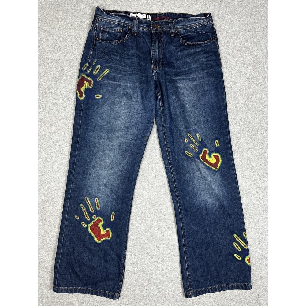 Y2K Loose Jeans Mens 36x34 Blue Loose Straight Handprint Denim Urban Pipeline